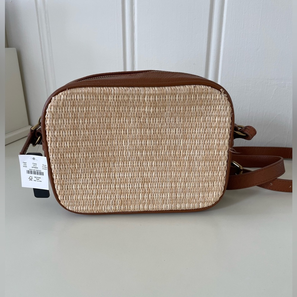 J. Crew leather and raffia camera signet bag